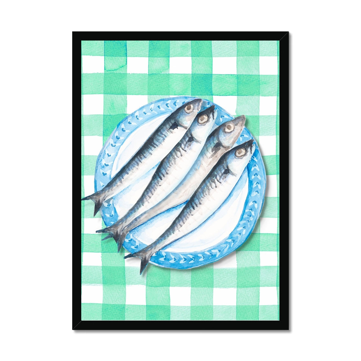 Sardine Painting on Green Gingham | Kitchen Wall Art - Framed