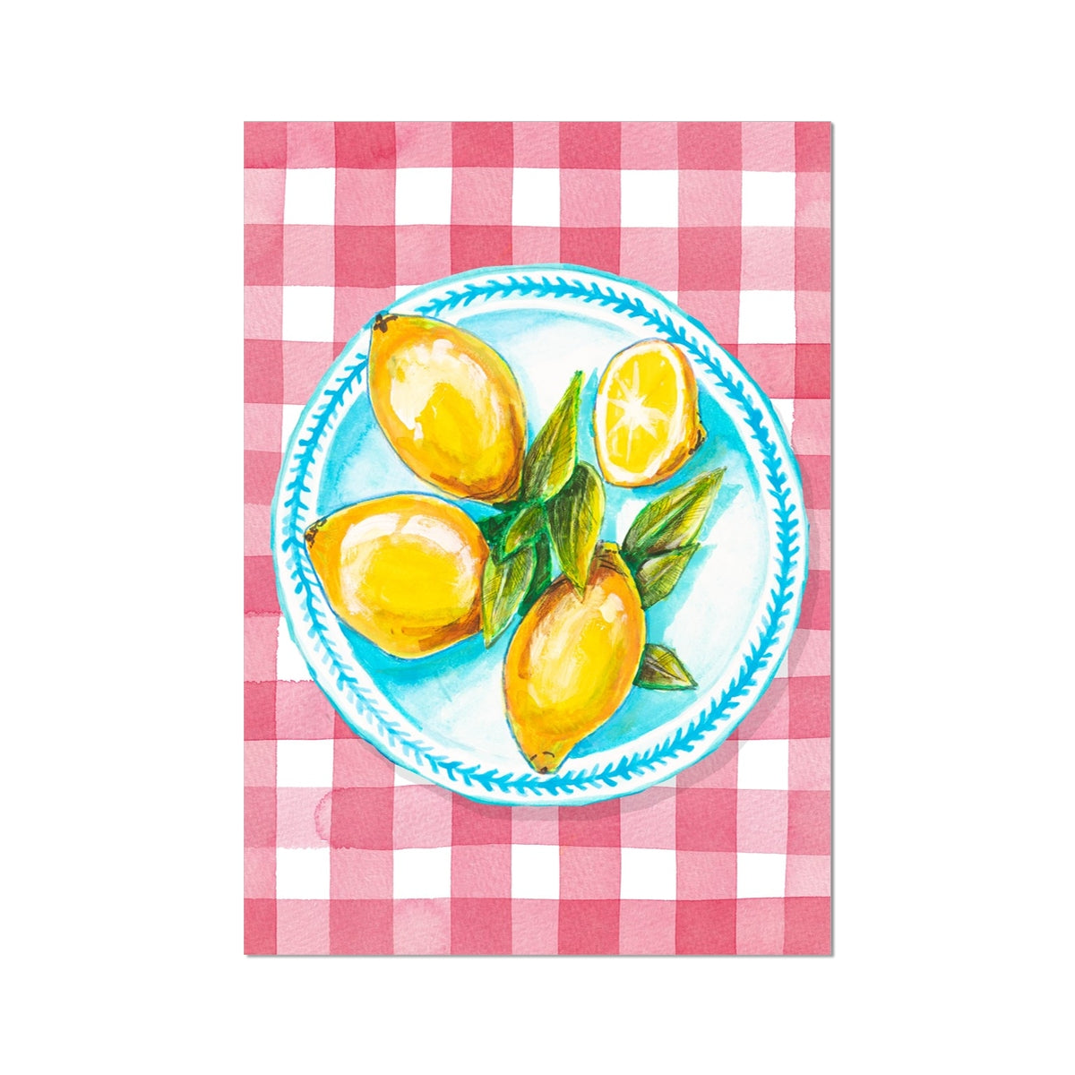 Lemon Painting on Red Gingham | Kitchen Wall Art - Unframed