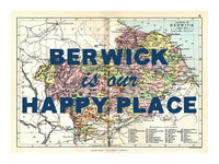 Happy Place Map Print With Blue Font - Personalised