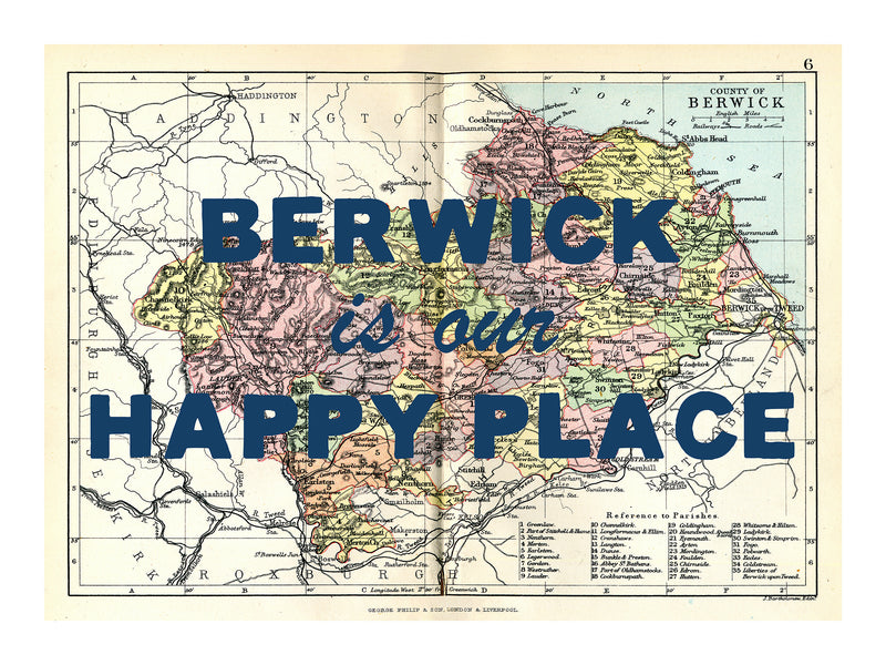 Happy Place Map Print With Blue Font - Personalised