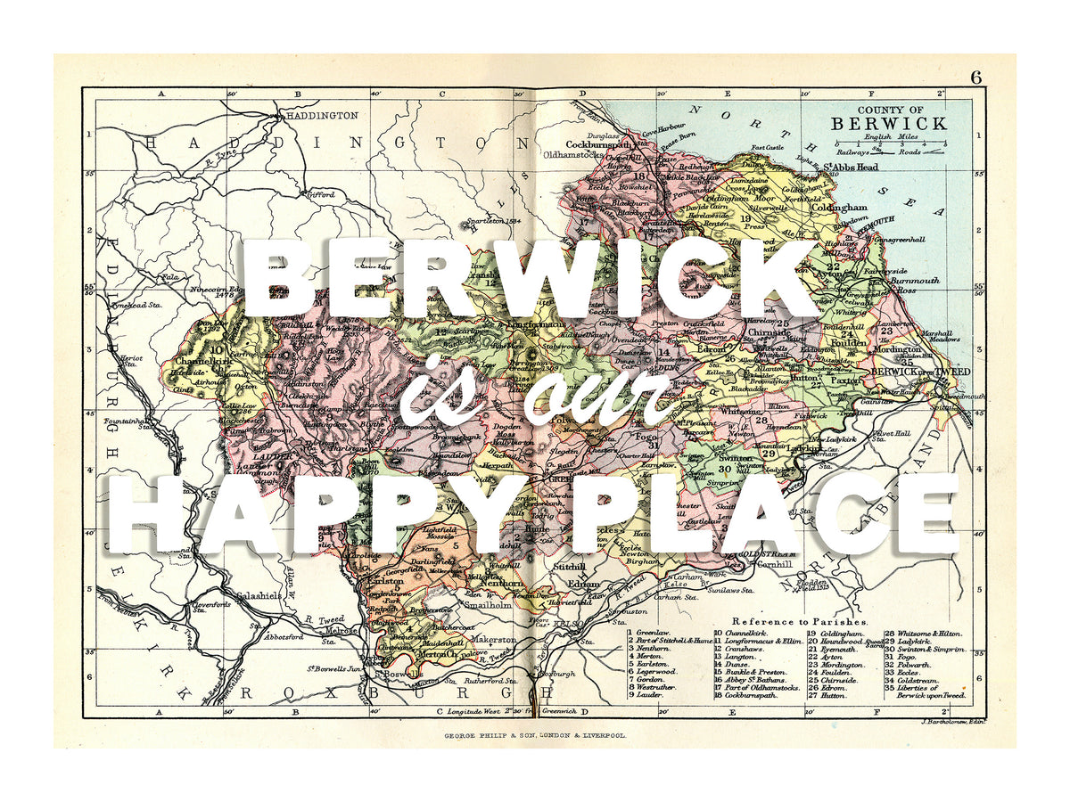 Happy Place Map With White Font - Personalised