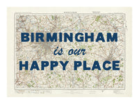 Happy Place Map Print With Blue Font - Personalised