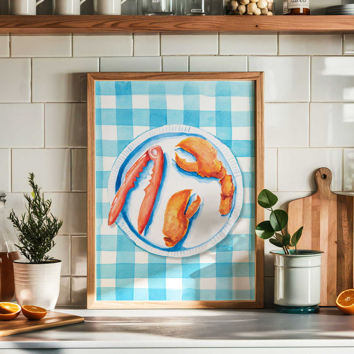 Lobster Painting on Blue Gingham | Kitchen Wall Art - Unframed