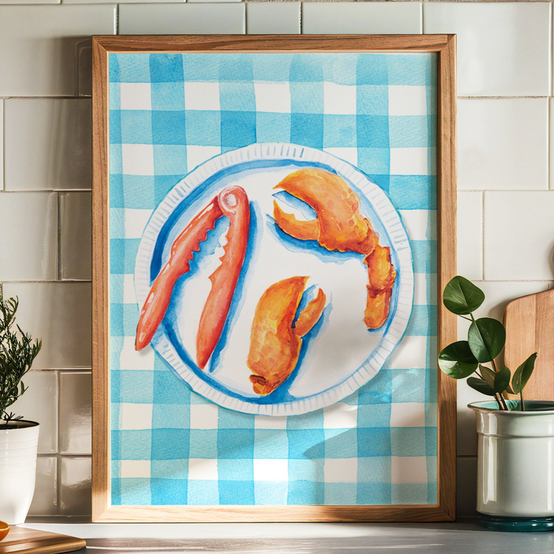 Lobster Painting on Blue Gingham | Kitchen Wall Art - Unframed