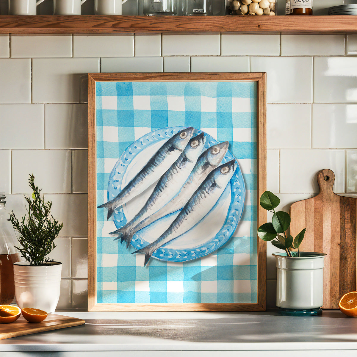 fish painting n blue background in kitchen -kitchen painting