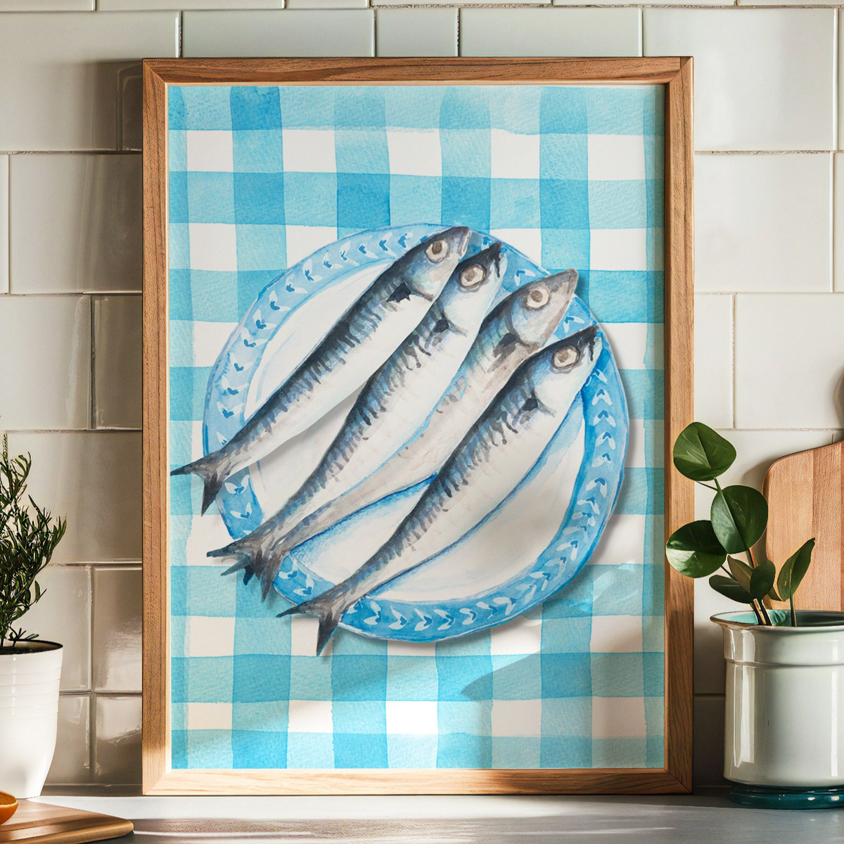 Sardine Painting on Blue Gingham | Kitchen Wall Art - Unframed