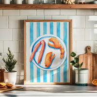 Lobster Painting on Blue Stripe | Kitchen Wall Art - Unframed