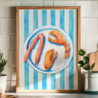 Lobster Painting on Blue Stripe | Kitchen Wall Art - Unframed