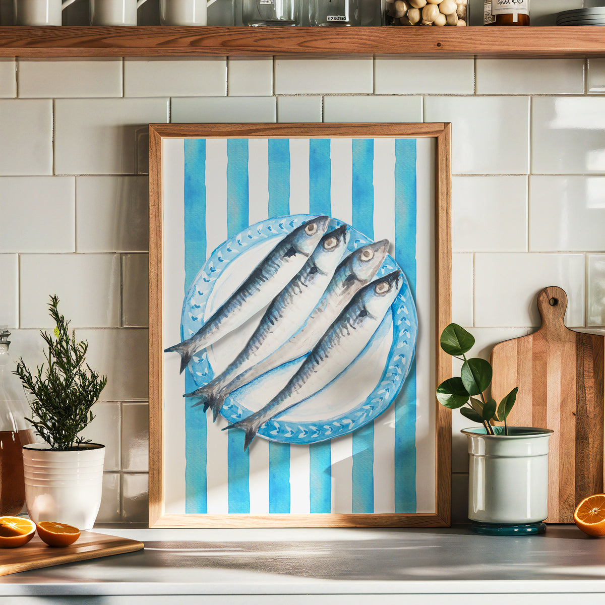 Sardine Painting on Blue Stripe | Kitchen Wall Art - Unframed