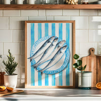 Sardine Painting on Blue Stripe | Kitchen Wall Art - Framed