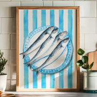 Sardine Painting on Blue Stripe | Kitchen Wall Art - Unframed