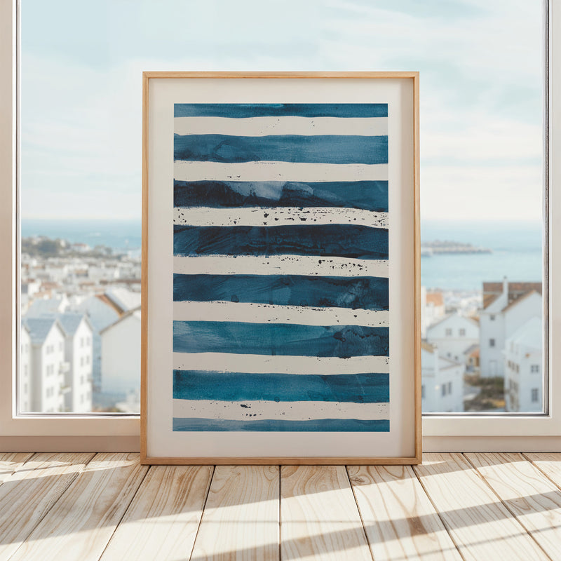 Sea Blue Wave Art 2| Abstract Lines Painting  - Framed