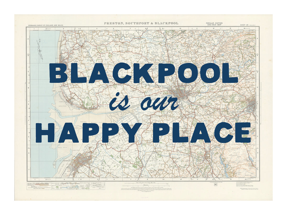 Happy Place Map Print With Blue Font - Personalised