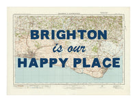 Happy Place Map Print With Blue Font - Personalised