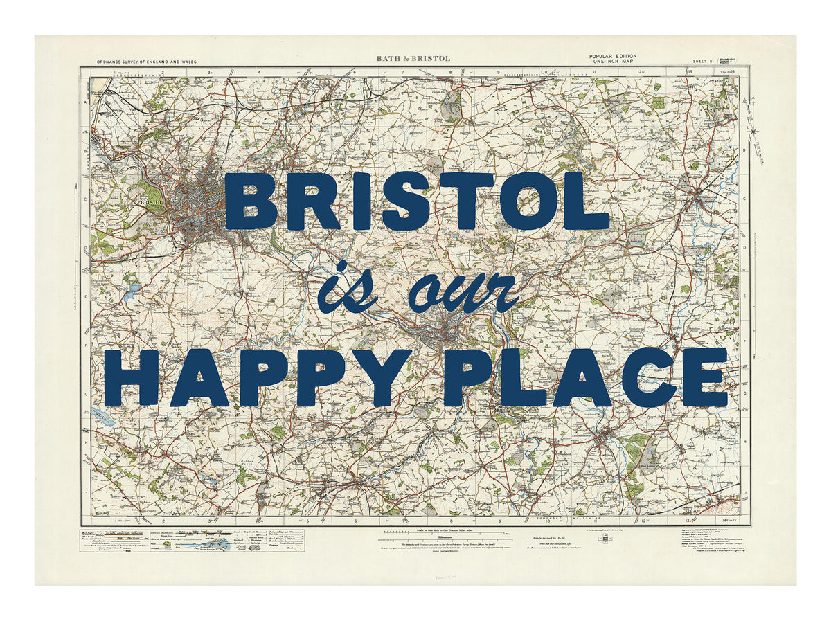 Happy Place Map Print With Blue Font - Personalised