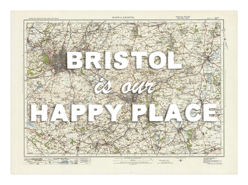 Happy Place Map Print With Blue Font - Personalised