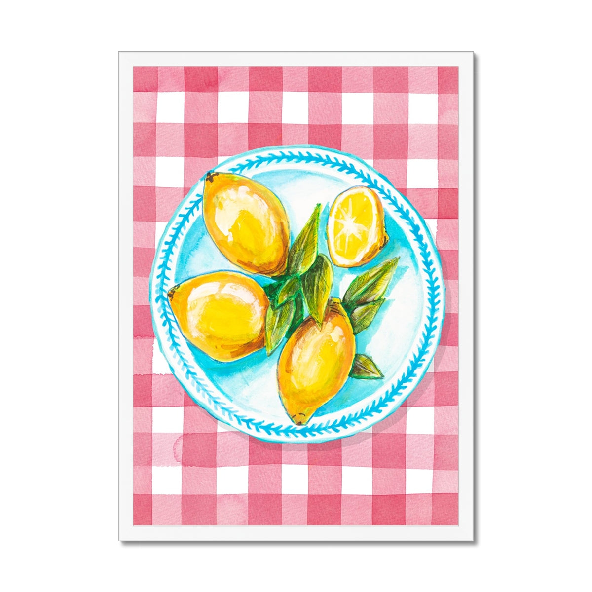 Lemon Painting on Red Gingham | Kitchen Wall Art - Framed