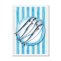 Sardine Painting on Blue Stripe | Kitchen Wall Art - Framed