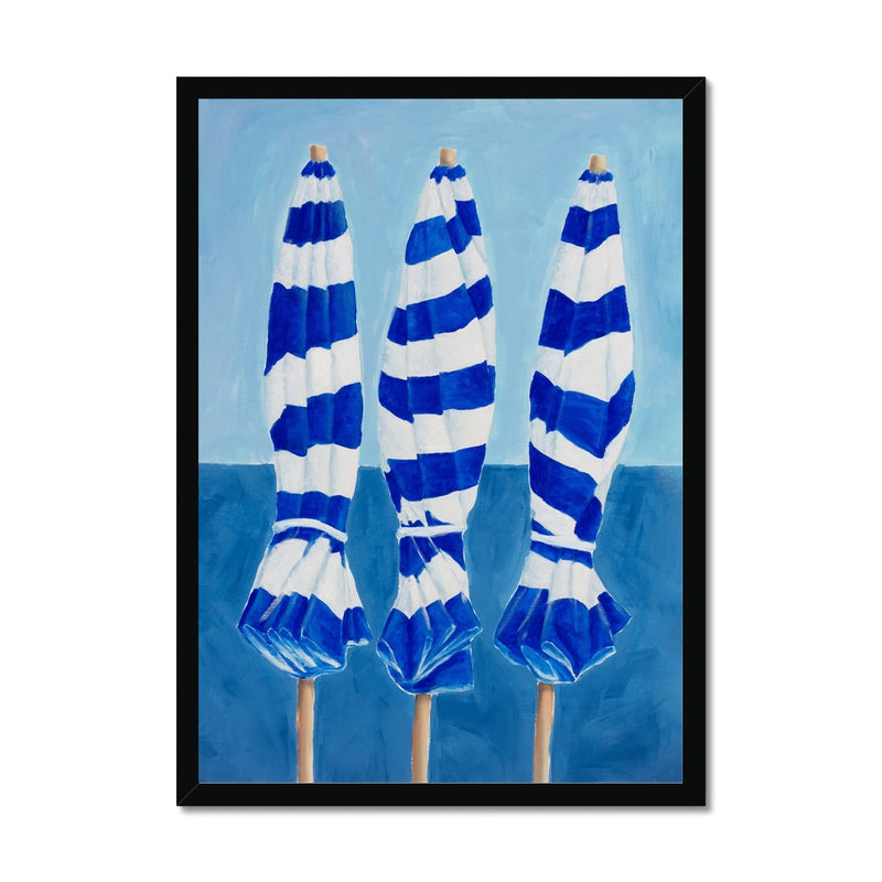 Blue and White Striped Beach Umbrellas Painting  - Framed