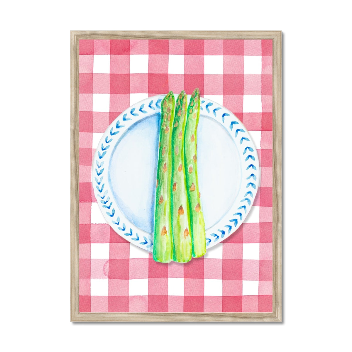 Asparagus Painting on Red Gingham | Kitchen Wall Art - Framed