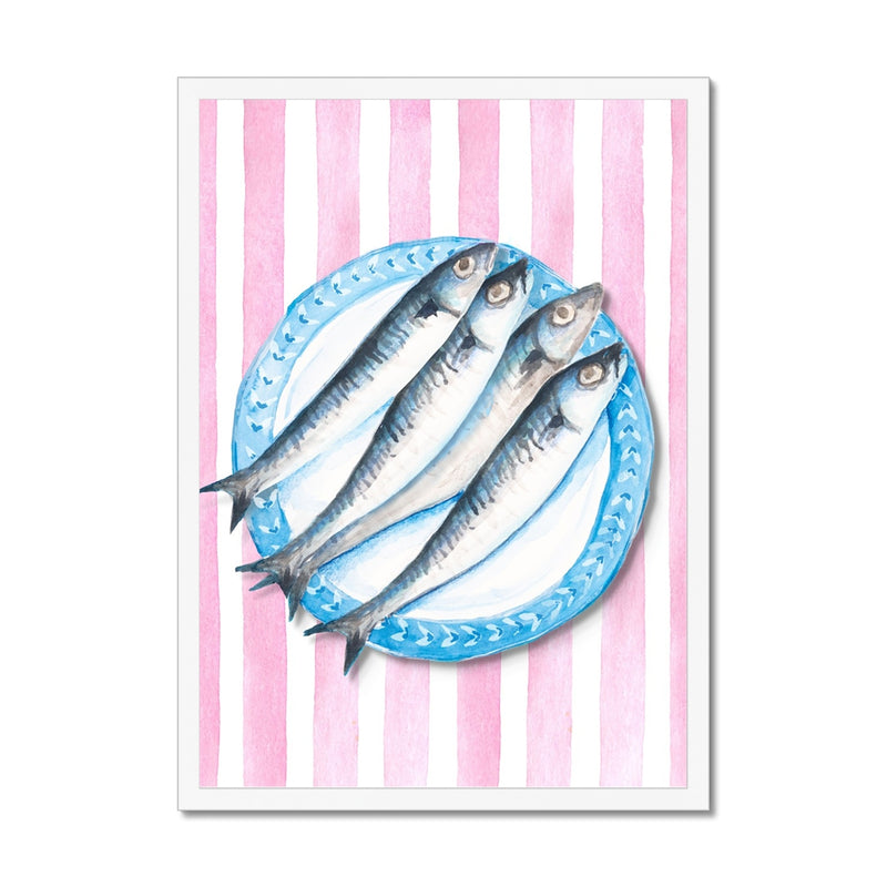 Sardine Painting on Red Pink Stripe | Kitchen Wall Art - Framed