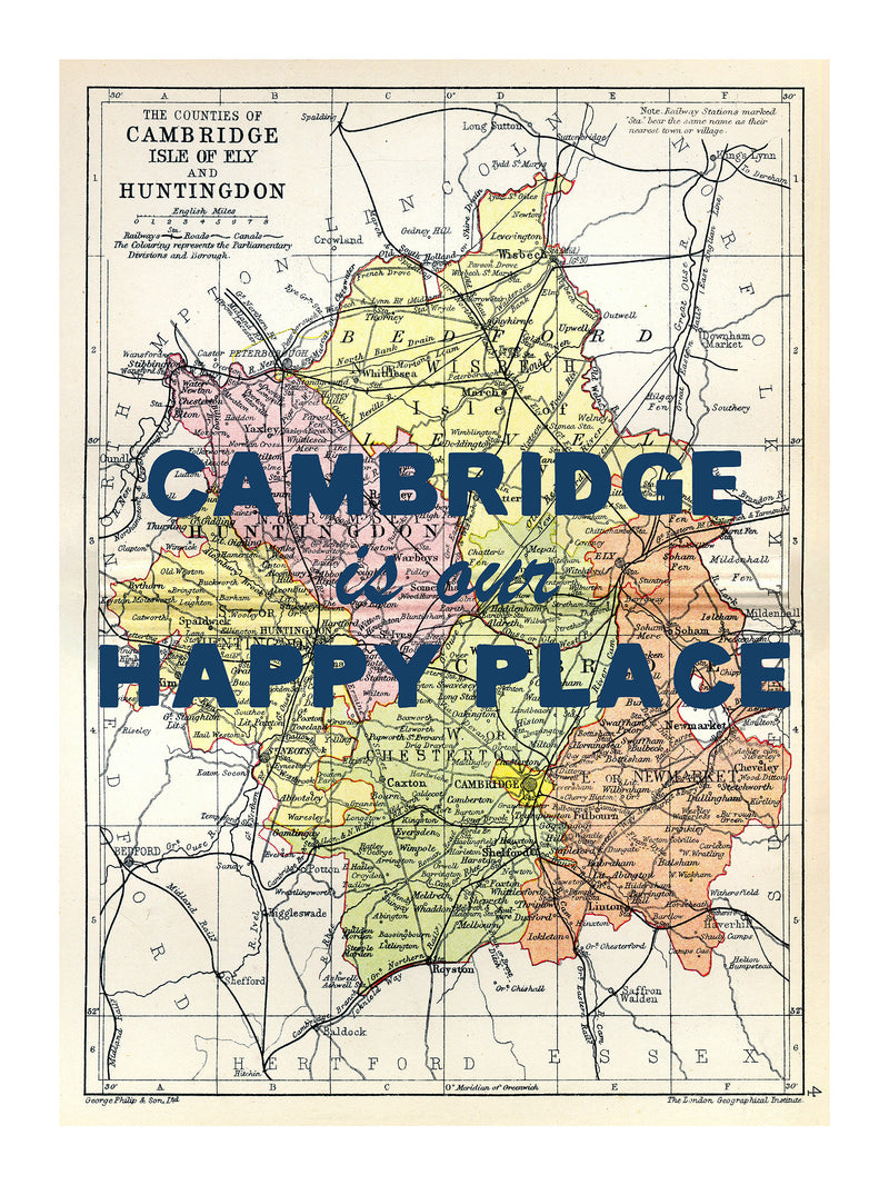 Happy Place Map Print With Blue Font - Personalised