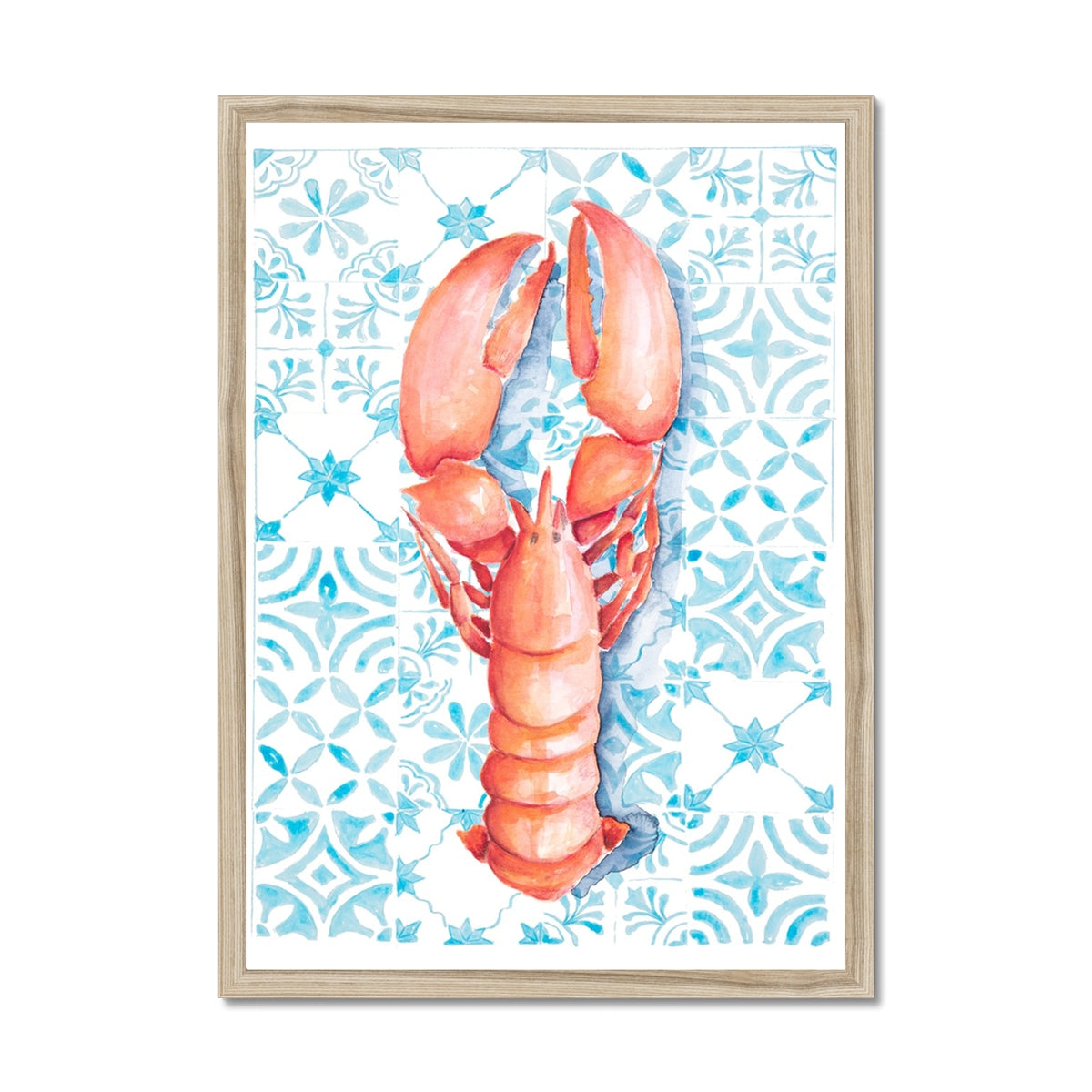 Lobster Print on Blue Mediterranean Tiles - Framed