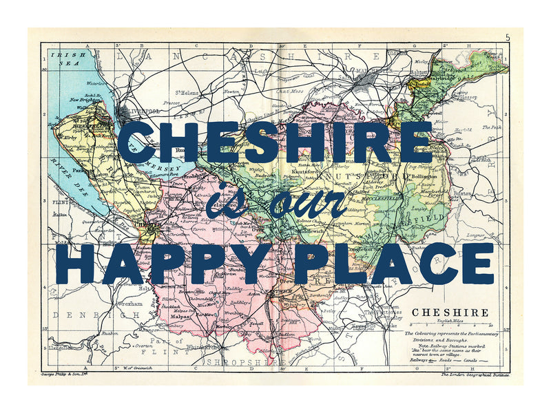 Happy Place Map Print With Blue Font - Personalised