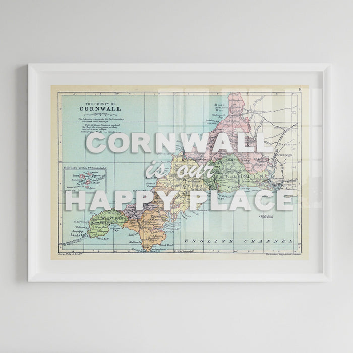 Cornwall is our Happy Place Quote on Vintage Cornwall Map Print - Framed