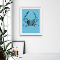 Crab Art Print | Shellfish Kitchen Wall Art | Azure Blue - Framed