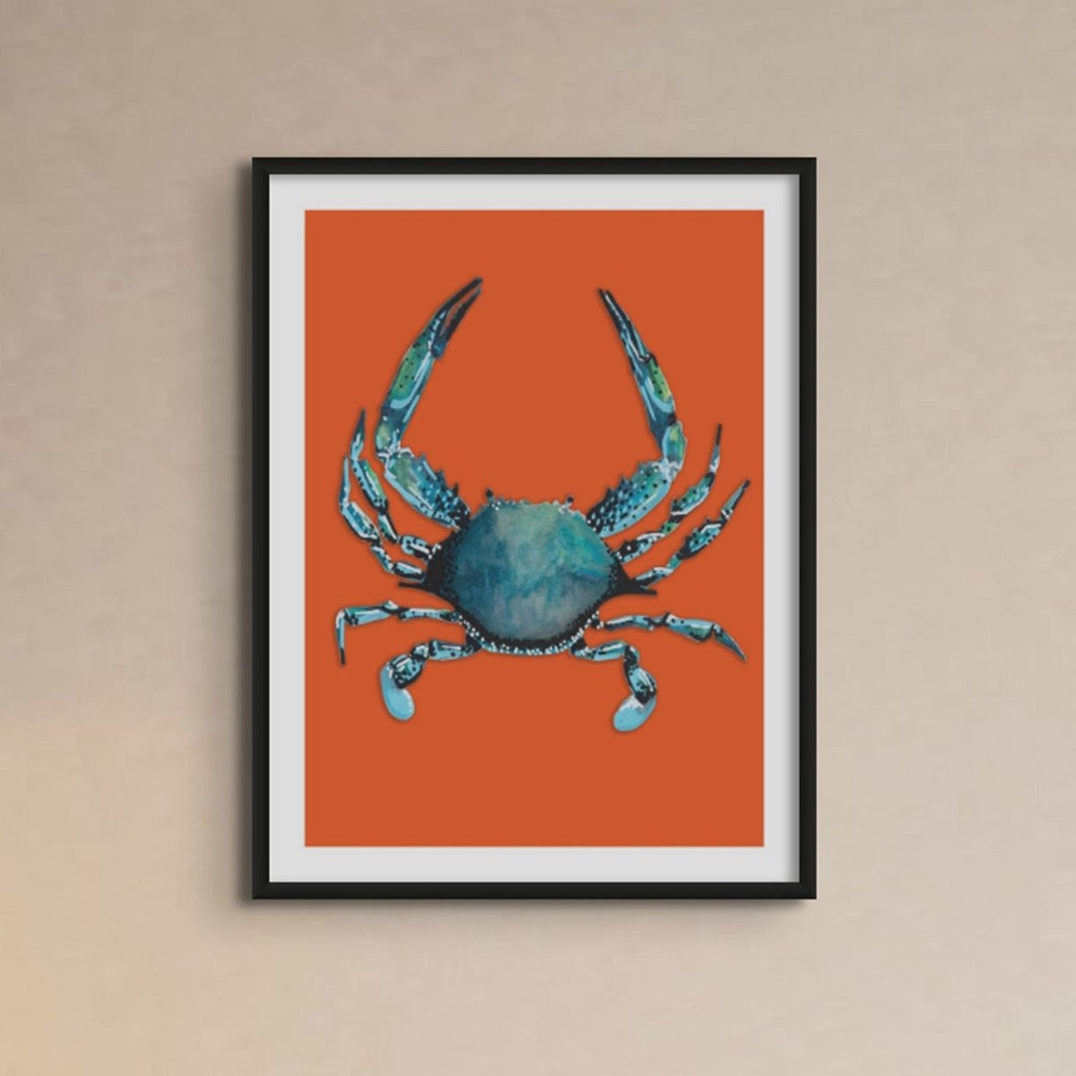 Crab Painting | Colourful Kitchen Wall Print | Crab Print on Orange- Framed