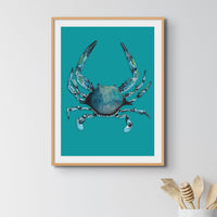 Crab Print | Colourful Kitchen Wall Art | Crab Painting on Blue Background - Unframed