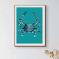 Crab Print | Food Wall Art | Crab Painting on Green - Framed