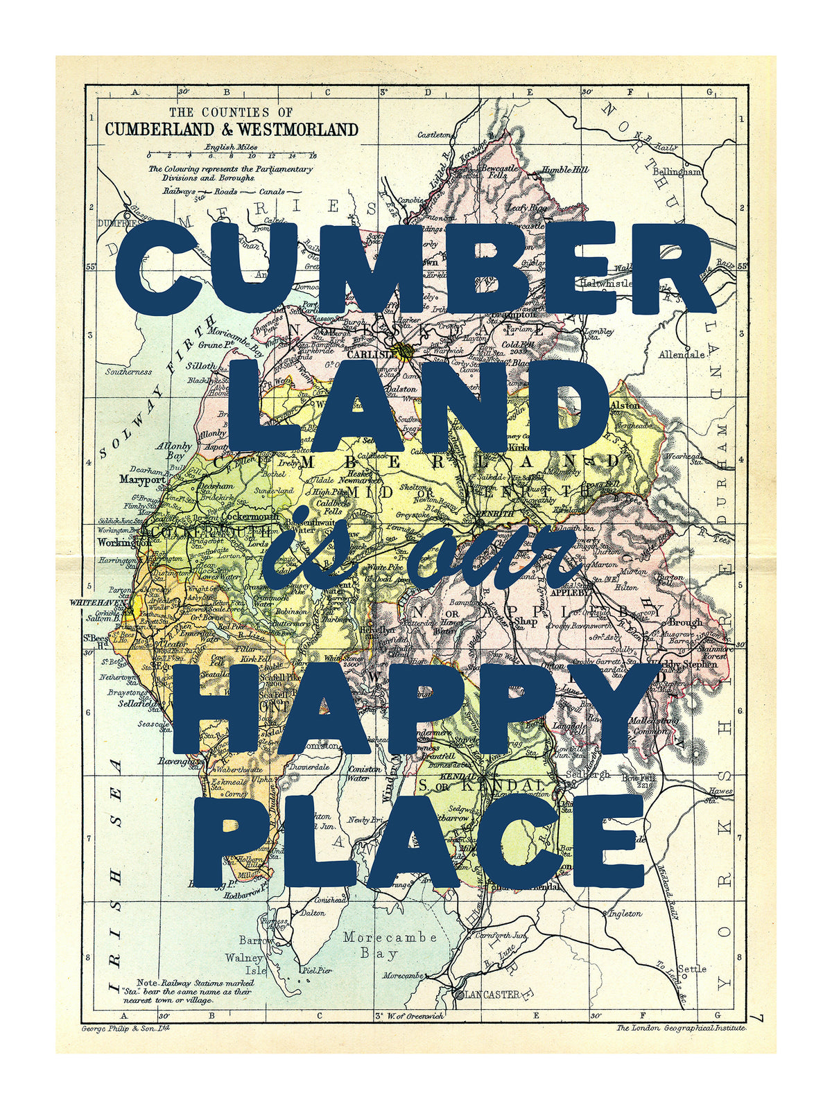 Happy Place Map Print With Blue Font - Personalised