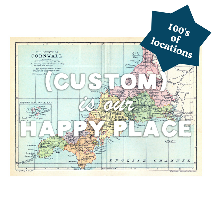 Custom Map - Our Happy Place Map - White Font - From £18 - Beach House Art