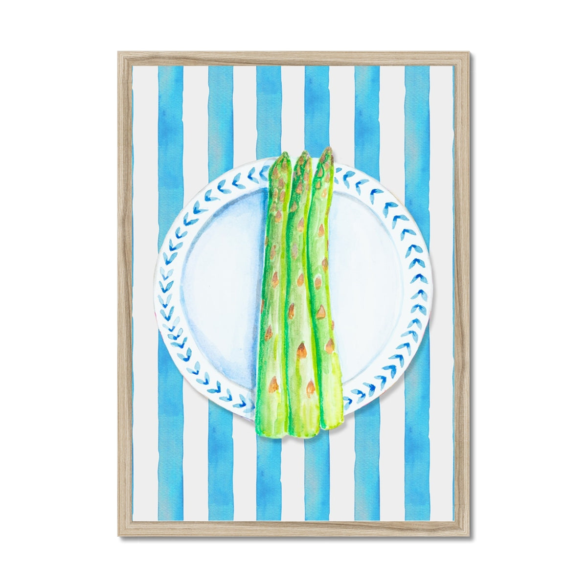 Asparagus Painting on Blue Stripe | Kitchen Wall Art - Framed