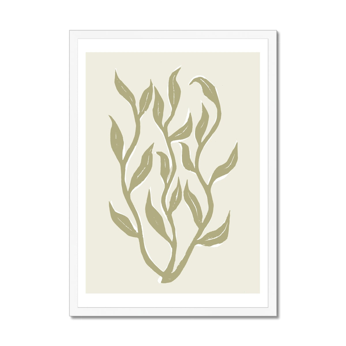 Abstract Neutral Seaweed Art Print No 1 | Coastal Graphic Wall Decor | Handcrafted Lino Cut Design - Framed