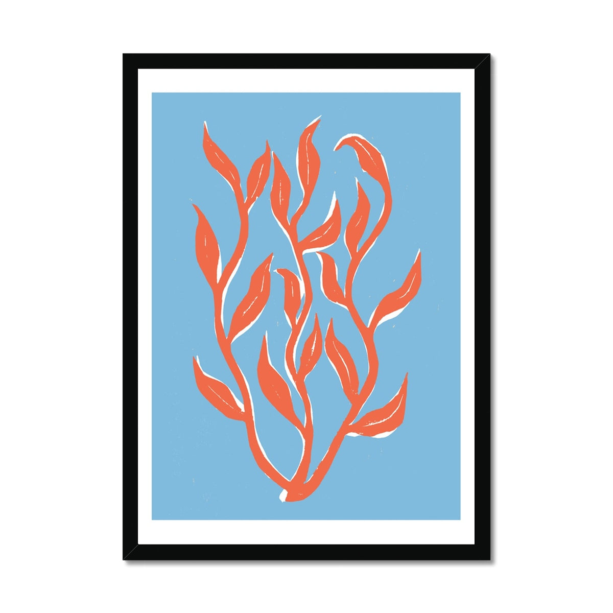 Abstract Colourful Seaweed Art Print No 1 | Coastal Graphic Wall Decor | Handcrafted Lino Cut Design - Framed