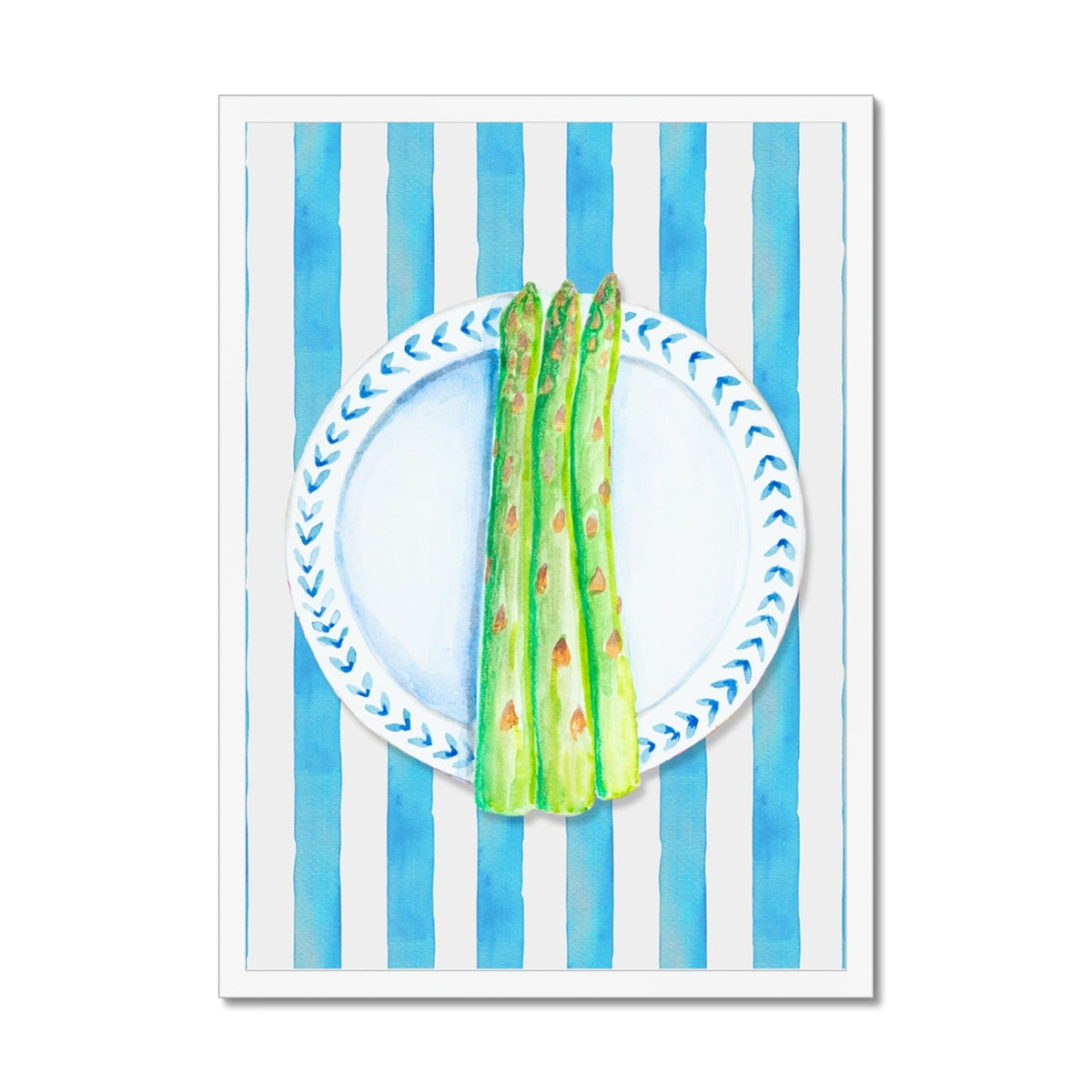 Asparagus Painting on Blue Stripe | Kitchen Wall Art - Framed