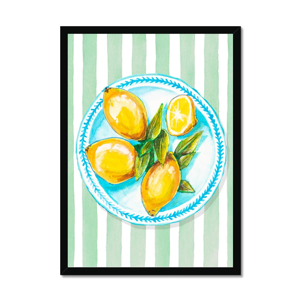 Lemon Painting on Green Stripe | Kitchen Wall Art - Framed