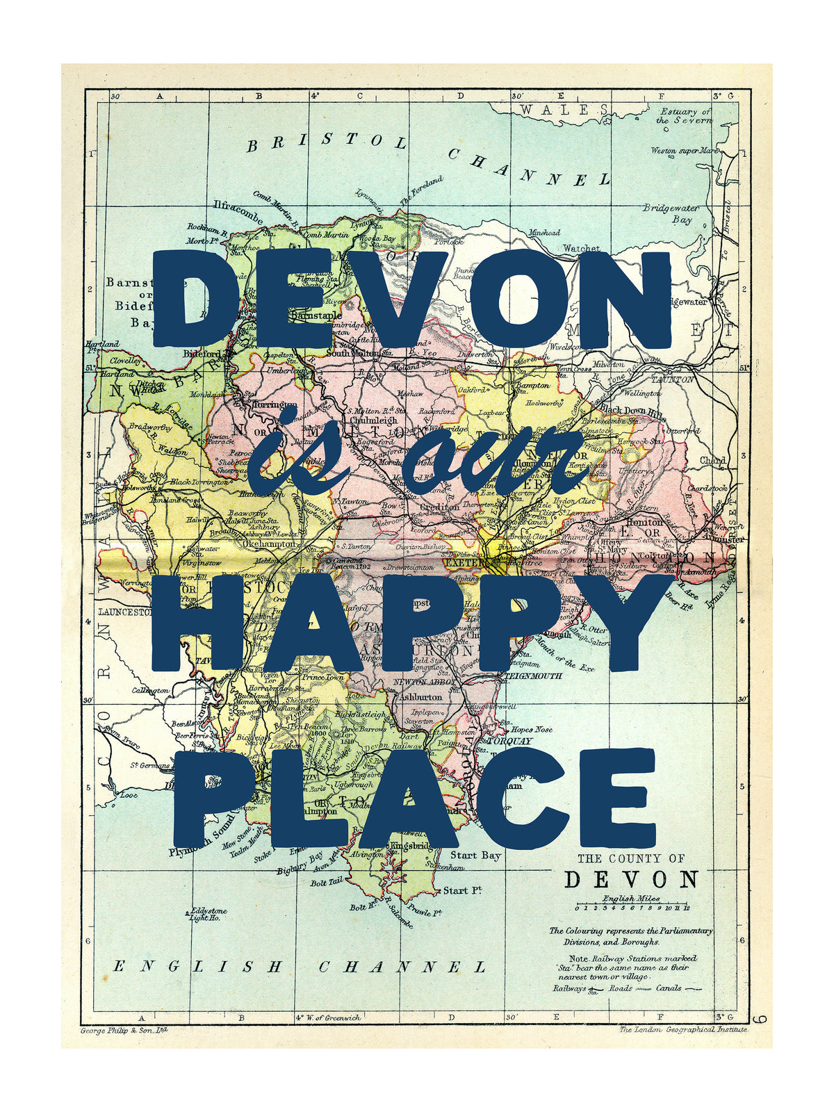 Happy Place Map Print With Blue Font - Personalised