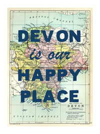 Happy Place Map Print With Blue Font - Personalised