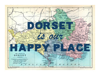 Happy Place Map Print With Blue Font - Personalised