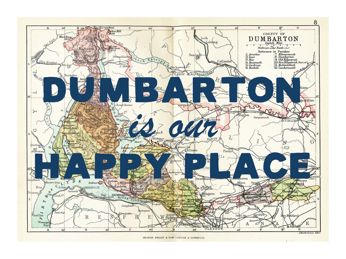 Happy Place Map Print With Blue Font - Personalised