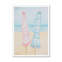 Beach Painting | Seascape Striped Umbrellas | Pastel - Framed