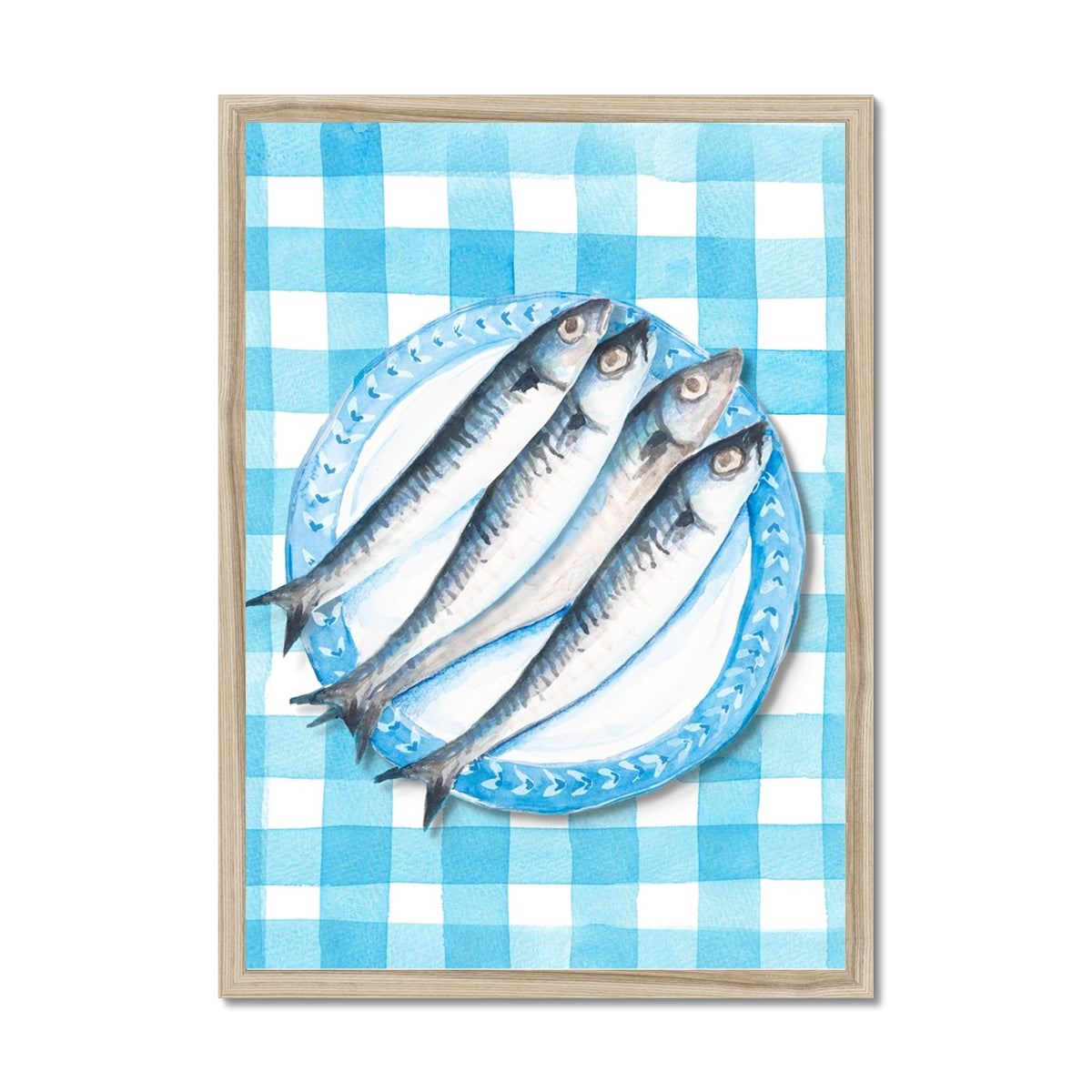 Sardine Painting on Blue Gingham | Kitchen Wall Art - Framed