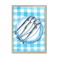 Sardine Painting on Blue Gingham | Kitchen Wall Art - Framed