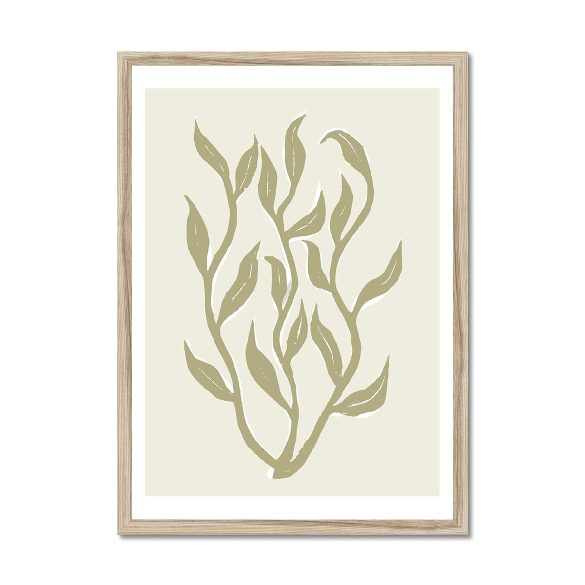 Abstract Neutral Seaweed Art Print No 1 | Coastal Graphic Wall Decor | Handcrafted Lino Cut Design - Framed