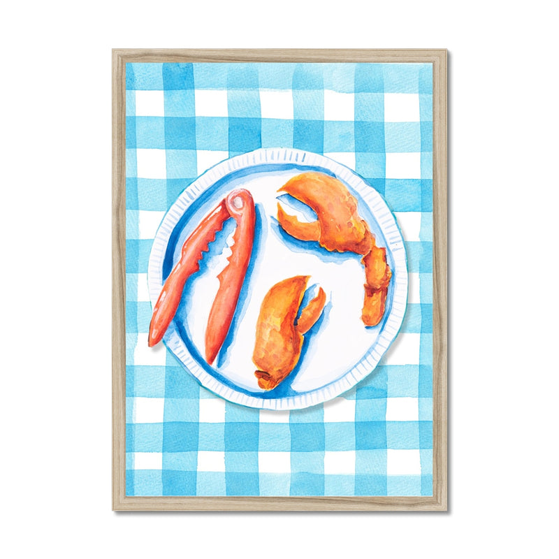 Lobster Painting on Blue Gingham | Kitchen Wall Art - Framed