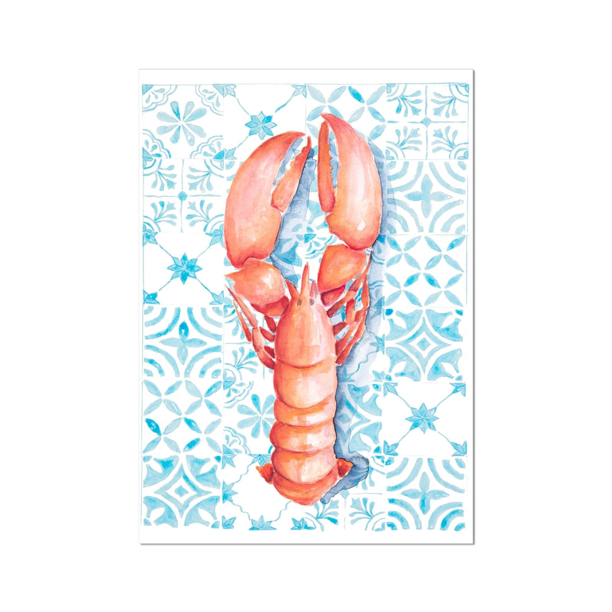 Lobster Print on Blue Mediterranean Tiles | Kitchen Art - Unframed